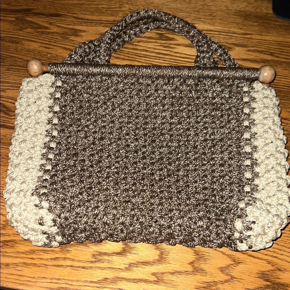 Rare Hand Crafted Brown and Cream Crochet macrame Satchel one of a kind